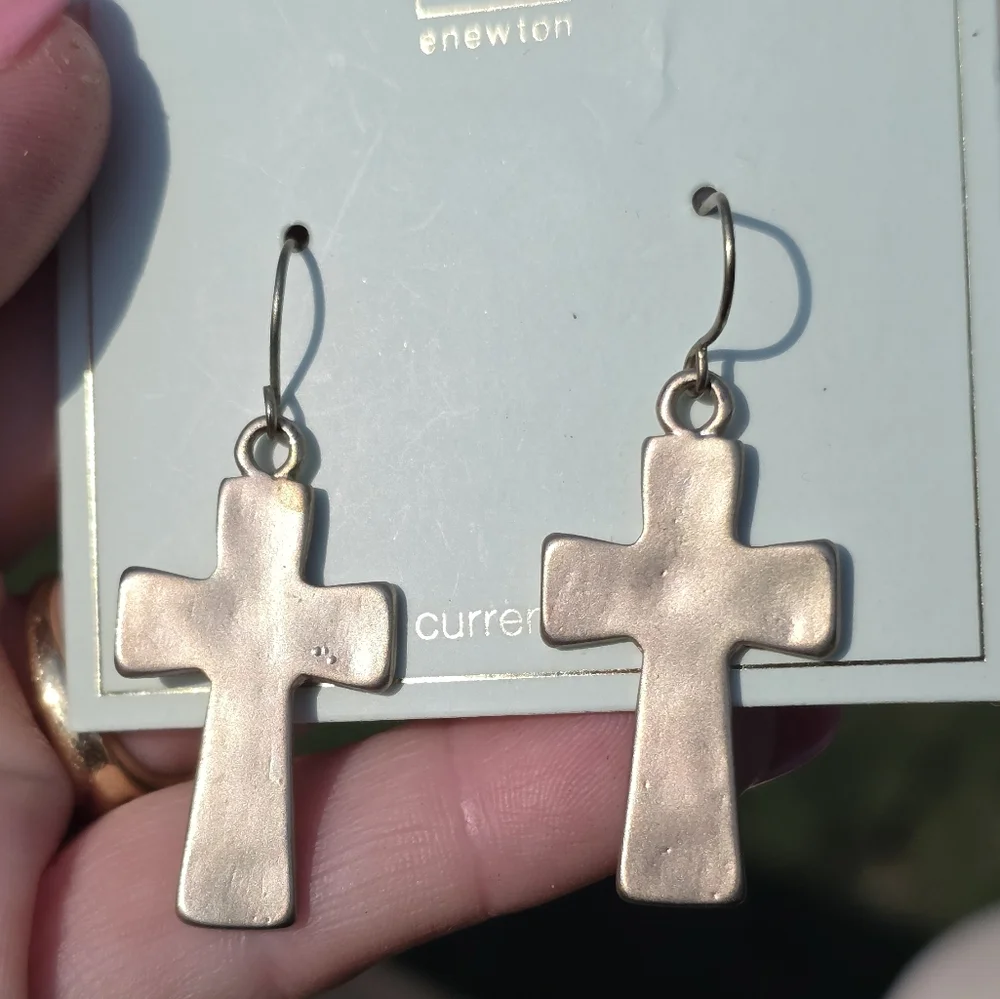 Gold Matte Cross Earrings - Picture 3 of 5